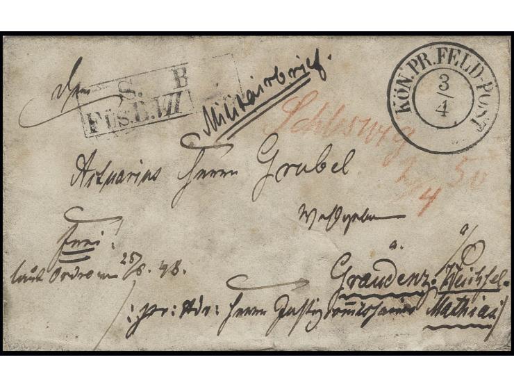 1850, "KÖN.PR.FELD-POST 3/4", DKr. auf "Militairbrief" eines Unteroffiziers mit "S.B. FÜS.B.VII" (Füsilier-Bataillon) und Ver