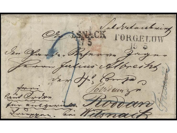 1851, "Soldatenbrief" aus "TORGELOW 15 5" an den Garde Reserve Jäger Albrecht in Roddan/Wilsnack, Absendervermerk: "frei laut
