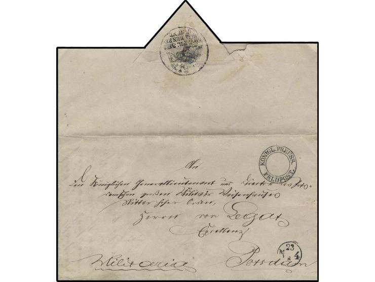 1854, "KÖNIGL. PREUSS. FELDPOST", DKr. auf einer "Militaria"-Sache des "KÖNIGL. PR. 3tes HUSAREN REGIMENT" (Siegelstempel), O