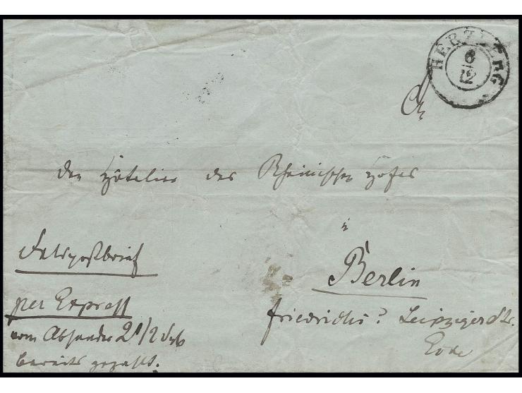 1850, Feldpostbrief mit Vermerk: "per Express vom Absender 2½ Sgr. bereits gezahlt", aufgegeben in "HERZBERG 6/12" nach Berli