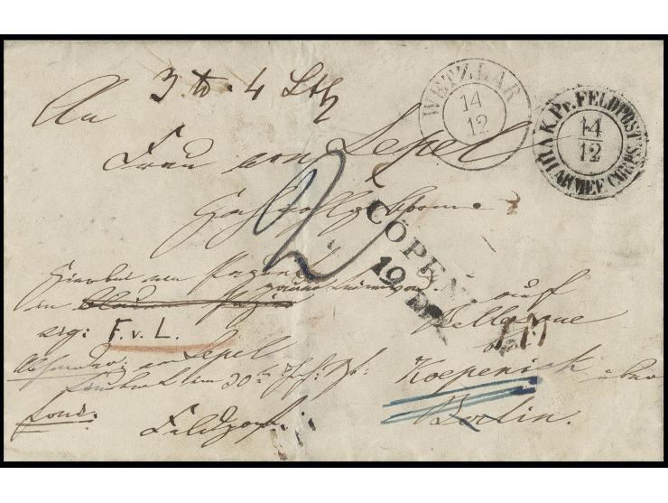 1850, "K. Pr. FELDPOST VIII. ARMEE CORPS 14/12", DKr. auf "Feldpost"- Paketbegleitbrief (3 Pfund, 4 Loth) über "WETZLAR 14 12