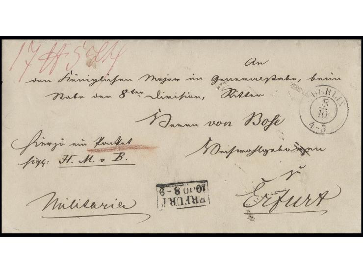 1853, portofreier Militär-Paketbegleitbrief mit DKr. "BERLIN 8/10" an Major im Stab der 8. Division in Erfurt - ab 1853 waren
