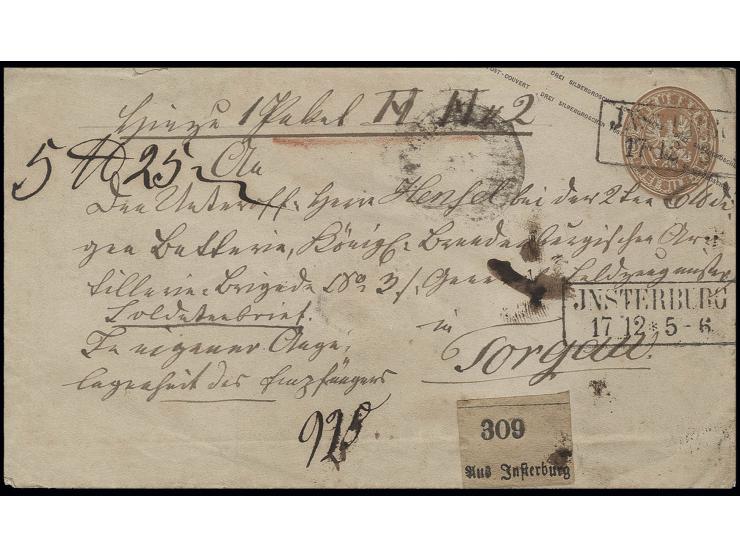 1859, "Soldatenbrief, in eigener Angelegenheit des Empfängers", Paketbegleitbrief, 3 Sgr. Ganzsache mit Ra2 "INSTERBURG 17 12