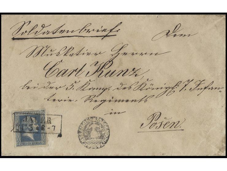 1860, "Soldatenbrief" mit 2 Sgr., Ra2 "JAUER 24 5" und Gerichtssiegelstempel an einen Musketier im 7. Inf.-Regiment in Posen,