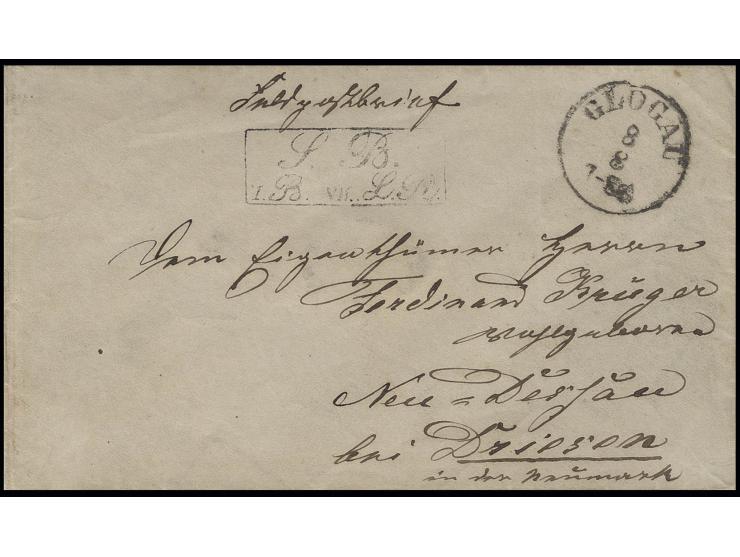 Italienischer Krieg 1859:  "Feldpostbrief" mit S.B.-Stempel eines Landwehr-Regiments mit EKr. "GLOGAU 8 8" nach Neu Dessau (N
