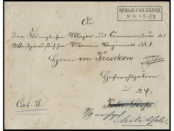 Polnischer Aufstand 1863:  Kabinetts-Sache, Brief mit Ra2 "BERLIN. CAB. EXPED. 8 9" an Major im westpreußischen Ulanen-Regime