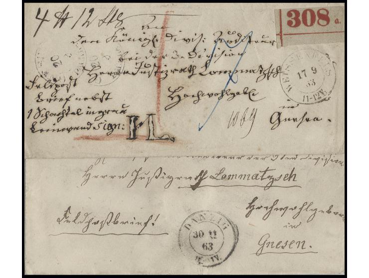 1863, 2 Feldpostbriefe, 1. "Feldpostbrief nebst einer Schachtel...", Paketbegleitbrief mit DKr. "WEISSENFELS 17 9 63" mit 7 S