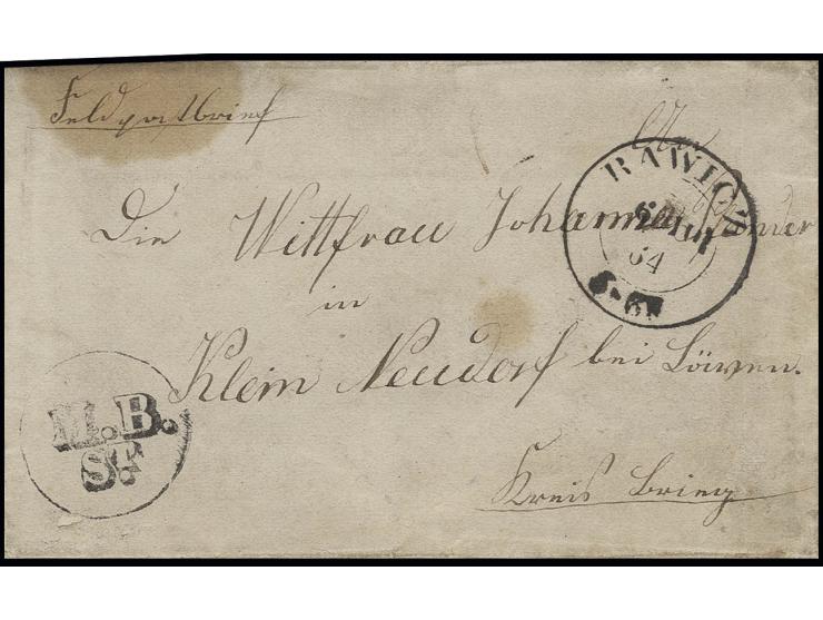 1864, "Feldpostbrief" mit dem sehr seltenen EKr. "M.B. St." (Militärbriefstempel) aus "RAWICZ 6 10 64", später portofreier Fe