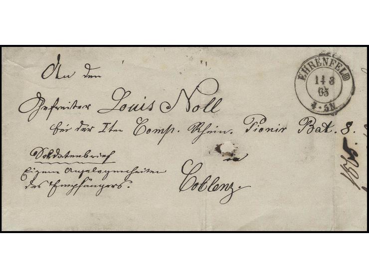 1865, "Soldatenbrief, eigene Angelegenheit des Empfängers", portofreier Brief mit DKr. "EHRENFELD 14 3 65" an Gefreiten im Pi