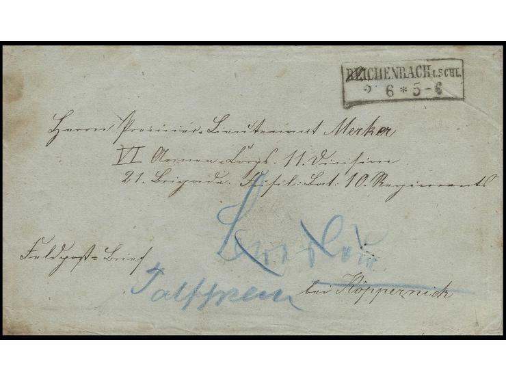 1865 (ca.), "Feldpostbrief" an Premierleutnant im IV. Armeekorps, Ra2 "REICHENBACH I. SCHL. 2 6", nach Köpenick, postalische 