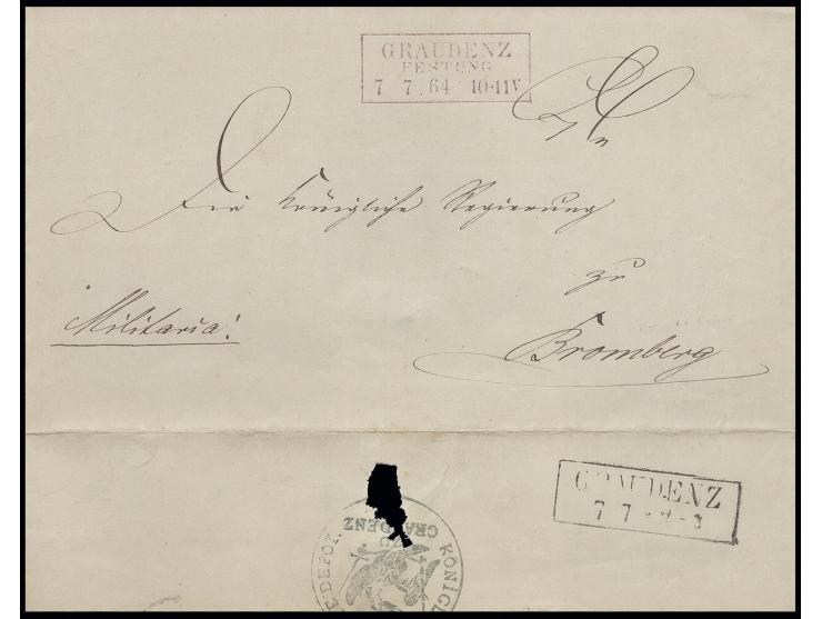 1864, Festung Graudenz, "Militaria"-Brief mit violettem Ra3 "GRAUDENZ FESTUNG 7 7 64", Siegelstempel vom "KÖNIGL. ARTILLERIE 