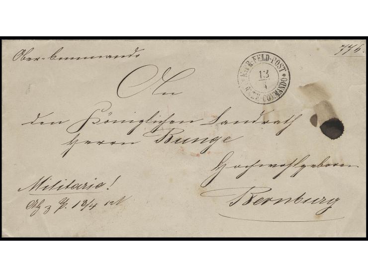 1864, "K. PR. FELD POST ARMEE-COMMANDO 13/4", DKr. des Feldpostamts beim Oberkommando der Bundesarmee, Dienstbrief mit Vermer