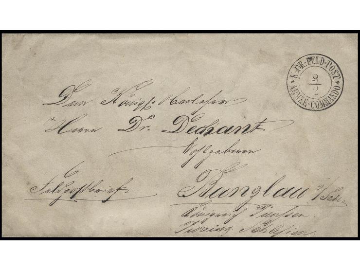 1864, "K. PR. FELDPOST ARMEE-COMMANDO 9/2", DKr. auf "Feldpostbrief" nach Bunzlau in Schlesien aus dem Lazarett in Flensburg,