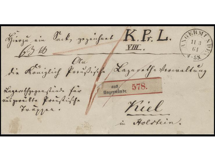 1864, Paketbegleitbrief mit Vermerk: "Lazarethgegenstände für ausgerückte Preußische Truppen" aus "ANGERMÜNDE 11 3 64" an die