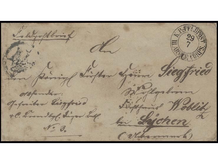1864, "K. Pr. FELDPOST III. ARMEE CORPS 29 7", DKr. auf Feldpostbrief eines Gefreiten aus einem brandenburgischen Jäger-Batai