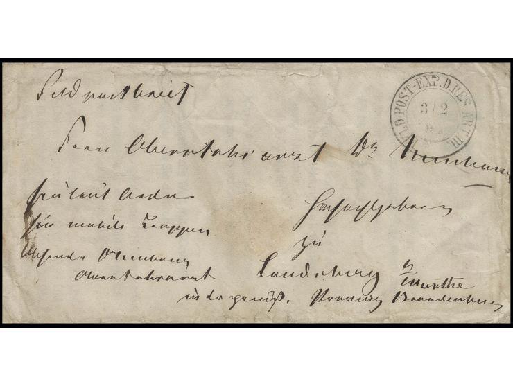 1864, "FELD-POST-EXP.D.RES. ART. III. 3 2 64", DKr. auf "Soldatenbrief, frei laut Order für mobile Truppen" nach Landsberg an