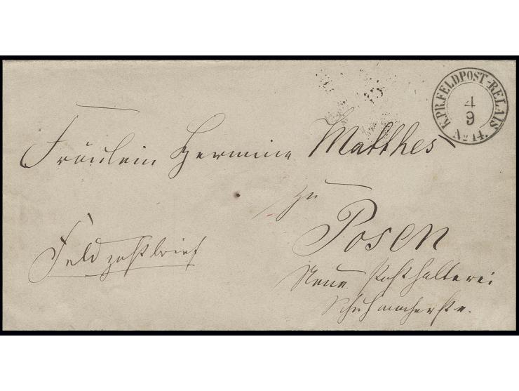 1864, "K. PR. FELDPOST-RELAIS No. 14. 4 9", DKr. auf Feldpostbrief nach Posen an "Fräulein Matthes, Neue Posthalterei"