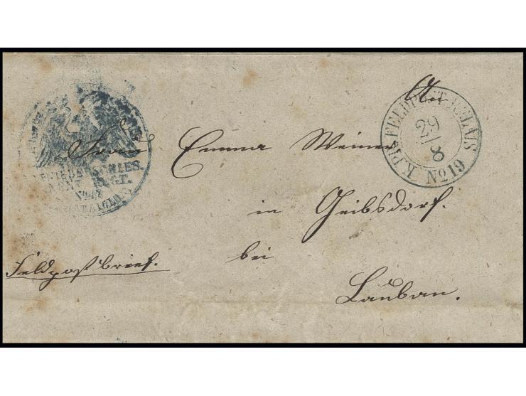 1864, "K. PR. FELDPOST-RELAIS No. 19. 29/8", deutlicher DKr. auf Feldpostbrief mit Siegelstempel des "2. Niederschlesisches I