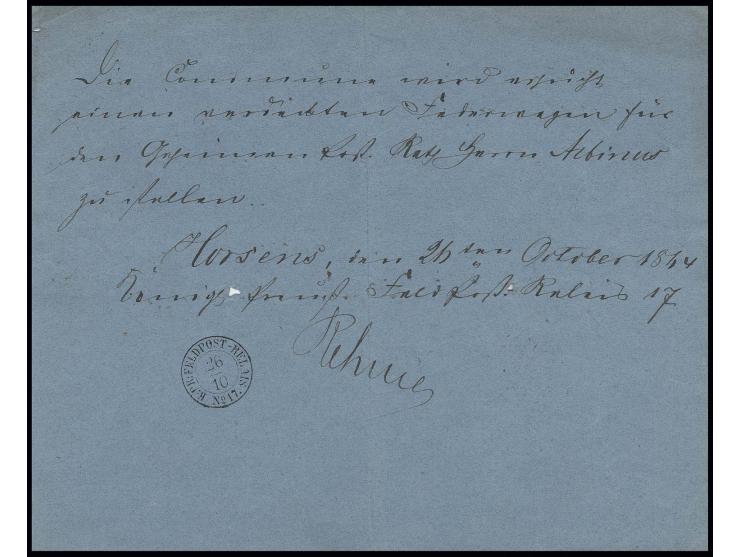 1864, "K. PR. FELDPOST-RELAIS No.17 26/10", DKr. auf dem Dokument eines Feldpostbeamten in Horsens: "Die Commune wird ersucht