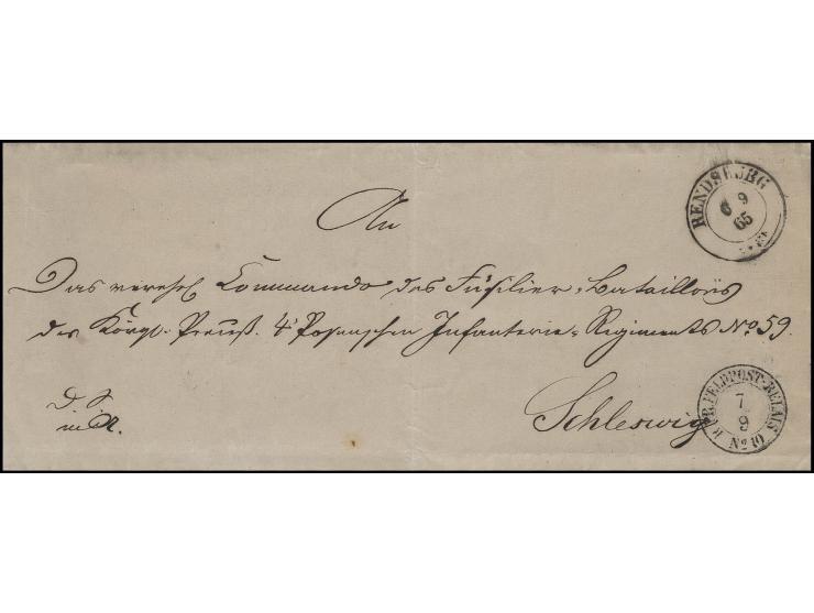 1865, "K. PR. FELDPOST-RELAIS No. 10 7/9", DKr. als Ankunftsstempel auf einem Dienstbrief aus "RENDSBURG 6 9 65" an das "Comm