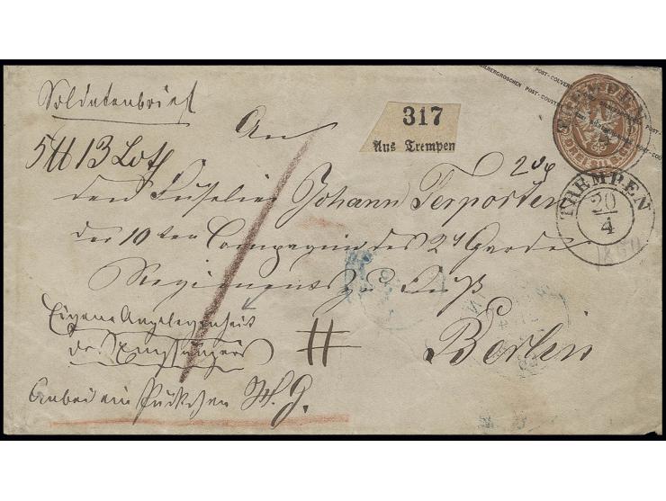 1866, "Soldatenbrief" - Paketbegleitbrief, 3 Sgr.-Ganzsache aus "TREMPEN 20/4" (Ostpreußen), moderiertes Porto an Soldaten im