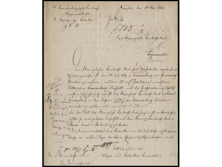 1866, Schreiben eines Bataillon-Kommandeurs aus dem 24. Brandenburgischen Landwehr-Regiments aus Prenzlau vom 19. Mai an Land