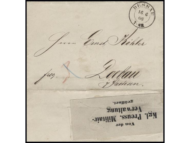1866, Zensuraufkleber: "Von der Kgl. Preuss. Militär-Verwaltung geöffnet" auf einem Brief vom 16. Juni, dem Tag des Einmarsch