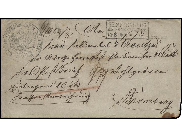 1866, portofreier Feldpost-Wertbrief mit einliegenden Kassenanweisungen mit Ra3 "SENFTENBERG R. B. FRANKFURT A/O. 11 6 66" un