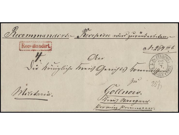 1866, "K. Pr. FELDPOST II. ARMEE CORPS 22 7", DKr. der 1. Armee auf Einschreiben mit Ra. "Recomandirt"-Stempel auf Dienstbrie