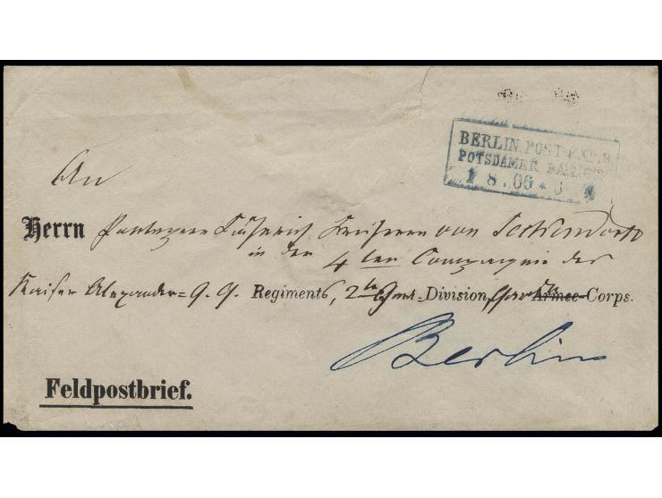 1866, pirvater Vordruck-Feldpostumschlag als Ortsbrief mit Ra3 "BERLIN POST EXP. 9 POTSDAMER BAHNH. 1 8 66" an Militärangehör