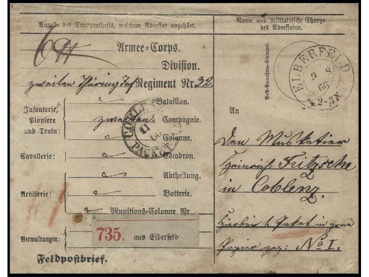 1866, Vordruck-Feldpostumschlag in seltener Verwendung als Paketbegleitbrief aus "ELBERFELD 9 8 66" an Musketier im Thüringis