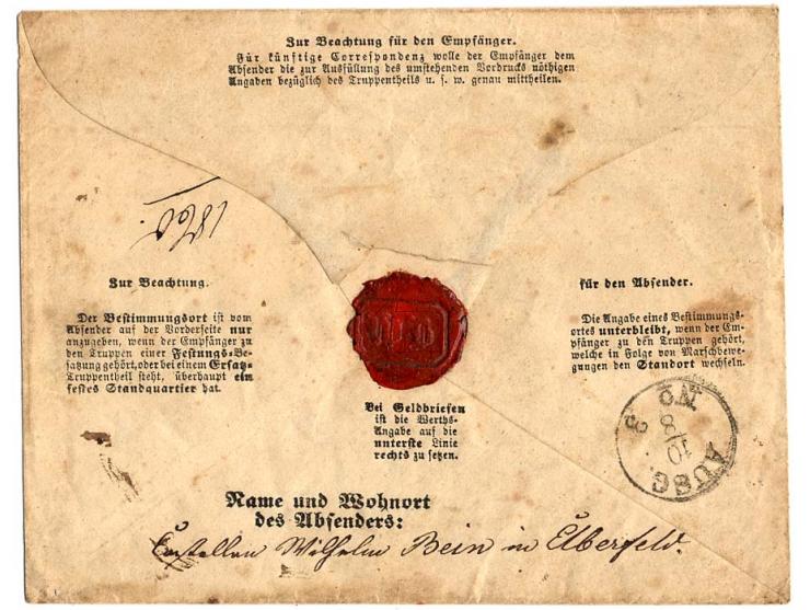 1866, Vordruck-Feldpostumschlag in seltener Verwendung als Paketbegleitbrief aus "ELBERFELD 9 8 66" an Musketier im Thüringis