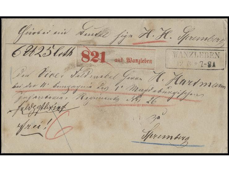 1866, Feldpost-Paketbegleitbrief "Feldpostbrief, frei", aufgegeben in "WANZLEBEN 12 6" an einen Feldwebel in einem Magdeburge