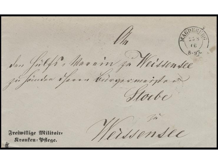 1866, "Freiwillige Militair=Kranken=Pflege" Vordruckbrief aus "MAGDEBURG 25 8 66" an den "Hülfs Verein" in Weissensee, die Hi