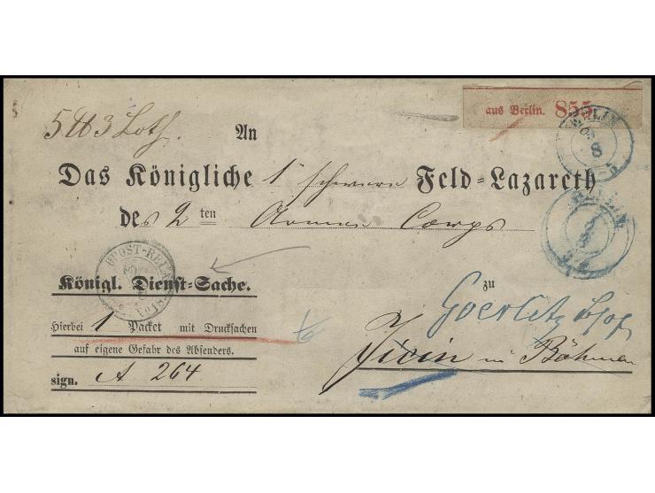 1866, "Königl. Dienst=Sache.", Paketbegleitbrief an das Feldlazarett des 2. Armee-Korps aus "BERLIN 8 8" über den Speditionsp