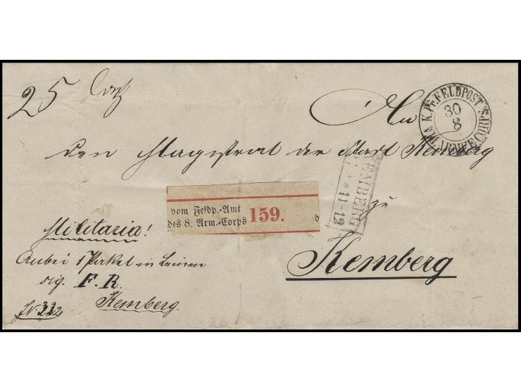 1866, Feldpost-Paketzettel "vom Feldp.-Amt des 8. Arm=Corps" auf "Militaria"-Paketbegleitbrief mit DKr. "K. Pr. FELDPOST VIII