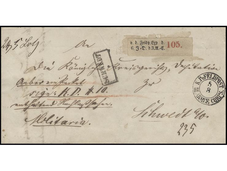 1866, "anbei ein Paket ... enthaltend Nachlaßsachen" eines Gefallenen aus den Gefechten in Böhmen, Feldpost-Paketaufkleber "v