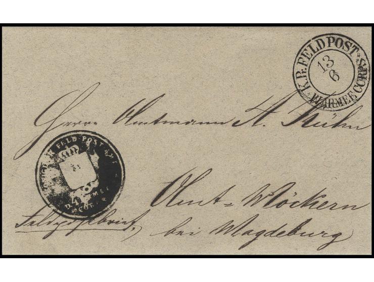 1866, "K. Pr. FELDPOST VI. ARMEE CORPS 13 6", DKr. sehr deutlich auf Feldpostbrief mit Negativstempel der Feldpost, sehr früh