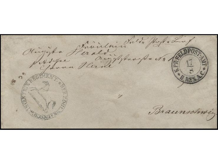 1866, "K. PR. FELDPOST-AMT II. RES: A. C. 17/8", DKr. mit Truppenstempel "HERZOGL. BRAUNSCHW. INFANTERIE REGIMENT", privater 