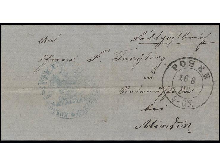 1866, "Feldpostbrief" mit Dienststempel eines Füsilier-Bataillons, aufgegeben im Ortspostamt "POSEN 16 8 66" nach Minden