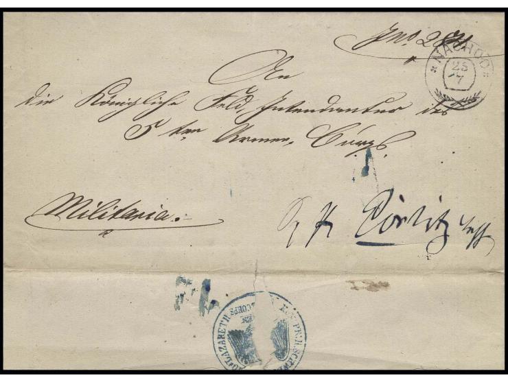 1866, Dienstbrief eines Reservelazaretts in Nachod, aufgegeben im österreichischen Postamt von "NACHOD 25 7", an die Feldinte