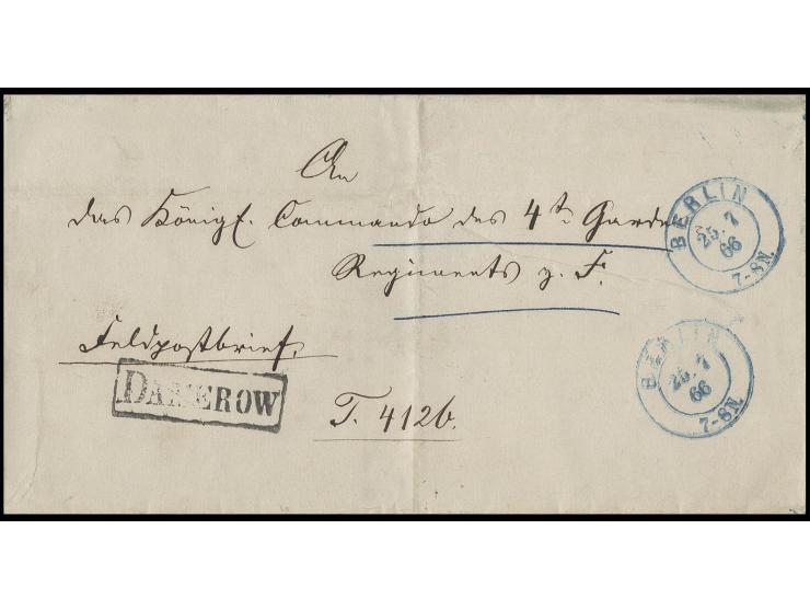 1866, Feldpost-Dienstbrief, an das "Königl. Commando des 4ten Garde Regiments", Ortsbrief mit DKr. "BERLIN 25.7.66" und zur B