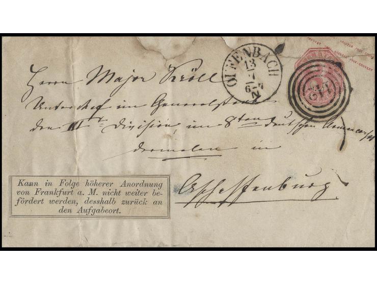 1866, Klebezettel: "Kann in Folge höherer Anordnung von Frankfurt a. M. nicht weiter befördert werden, desshalb zurück an den
