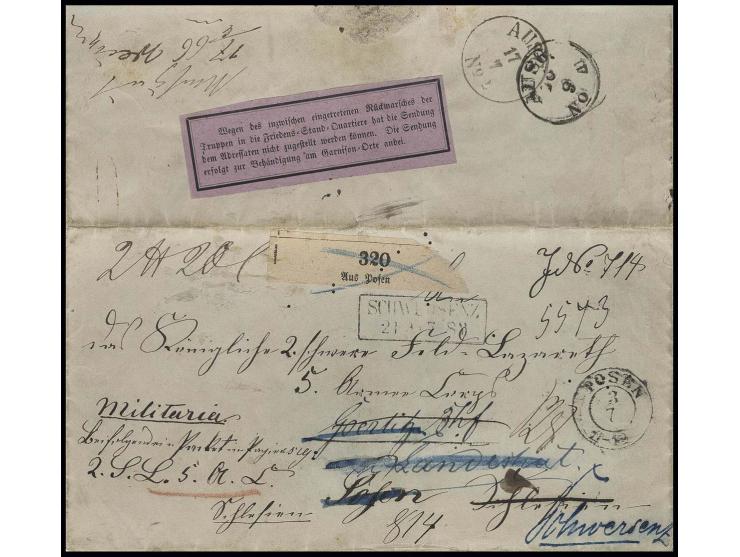 1866, Klebezettel: "Wegen des inzwischen eingetragenen Rückmarsches der Truppen in ihre Friedens-Stand-Quartiere hat die Send