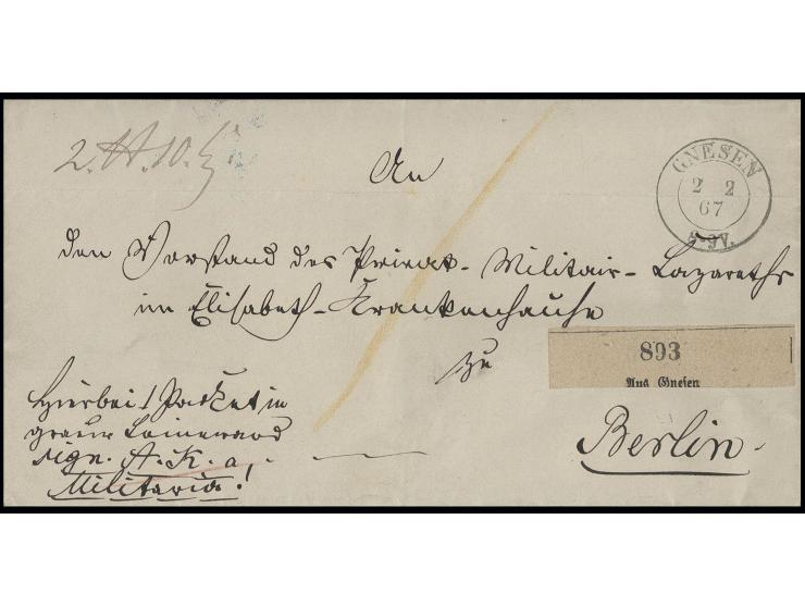 1867, portofreier "Militaria"-Paketbegleitbrief aus "GNESEN 2 2 67" an das Militär-Lazarett in Berlin, rückseitig DKr. "PACKE