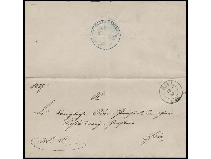 1867, Preußische Marine, Dienstbrief mit rückseitigem Siegelstempel "KOENIGL. PREUSS. SEE BATAILLON", DKr. "KIEL 13 7 67" - "