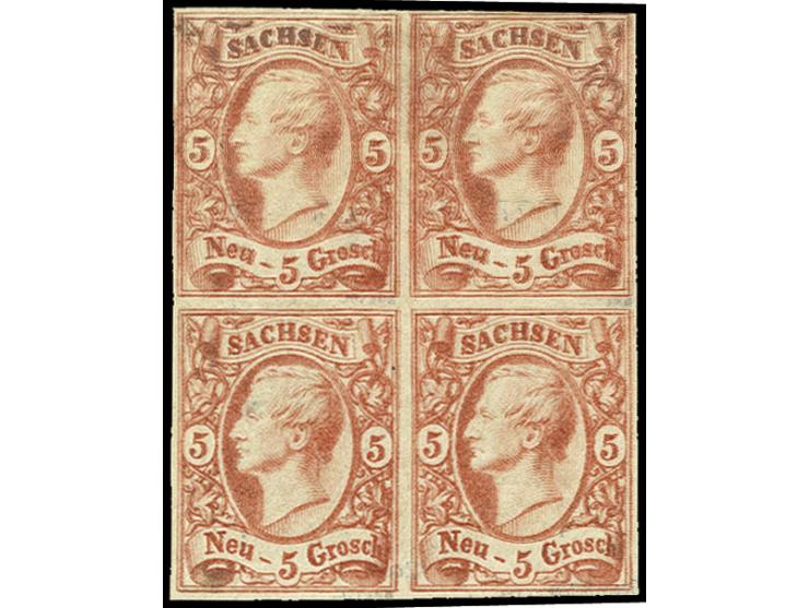 1856, Johann 5 Ngr. ziegelrot im 4er-Block, teils mit Schmitz-Druck, voll- bis breitrandig, ungebraucht, am Oberrand gering o