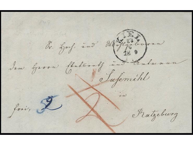 Faltbrief geschrieben am 23.6.1848 von "KIEL 24.6.1849" über Hamburg nach Ratzeburg, mit Franco-Vermerk "5" für das Gesamtpor