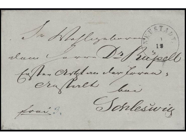 Faltbrief von "NEUSTADT 1.12." an die Irrenanstalt bei Schleswig, handschriftlicher Vermerk "frei" sowie "3" in blauer Farbe.