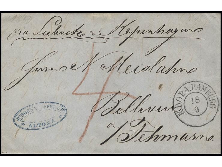 Faltbrief von Altona nach Bellevue auf Fehmarn mit DKr. "K.D.O.P.A. HAMBURG 18 9" und handschriftlichem Vermerk "via Lübeck u